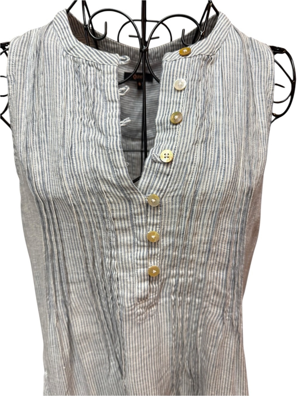 Quince Linen Sleeveless Striped Linen Tunic Dress - Blue Stripe - Picture 3 of 10